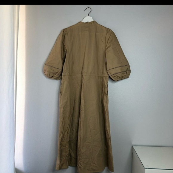 Who What Wear Beige Midi Dress tie waist puffy sleeves size XS khaki - Picture 2 of 9